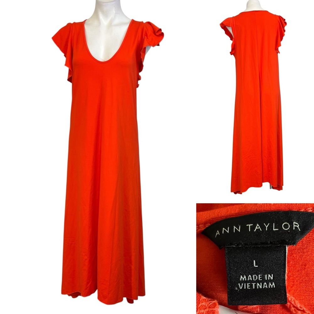 Ann Taylor maxi dress L orange flutter sleeve full length office business casual
